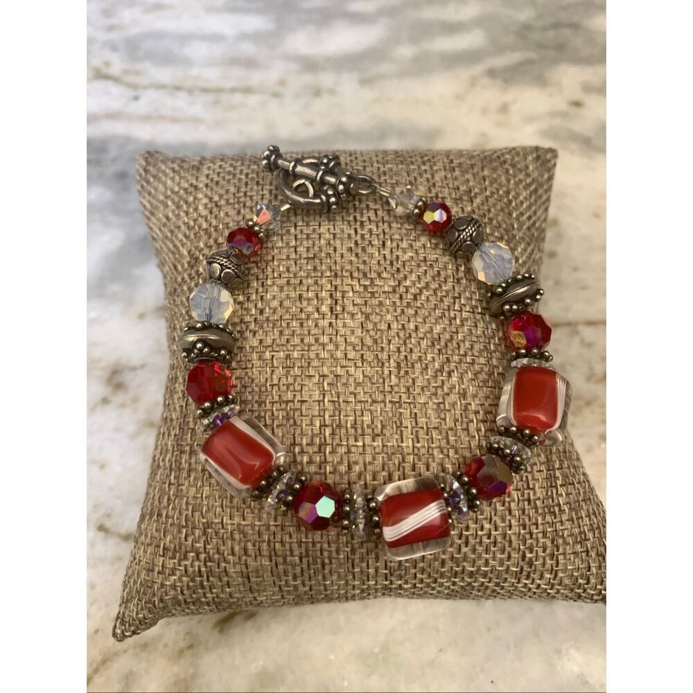 Red White Sterling Silver Furnace Glass Bracelet #July 4th